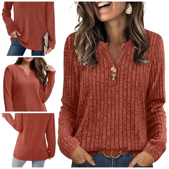 SAMPEEL Women' Sweaters Lightweight Long Sleeve Shirts V Neck Tops with Button - Picture 1 of 8